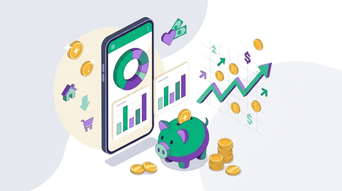 Illustration isométrique d'une app de gestion de budget avec graphiques et pièces